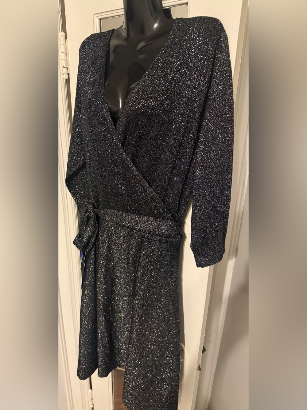 Talbots Merino Wool Metallic Shimmer Faux Wrap Tie Waist Midi Dress Black 2X